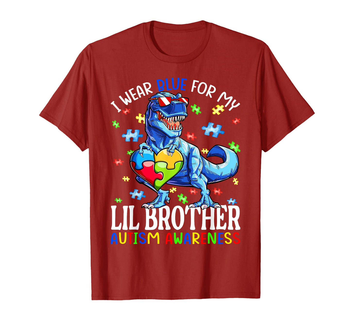I Wear Blue For My Lil Brother Autism Awareness Dinosaur T-Shirt