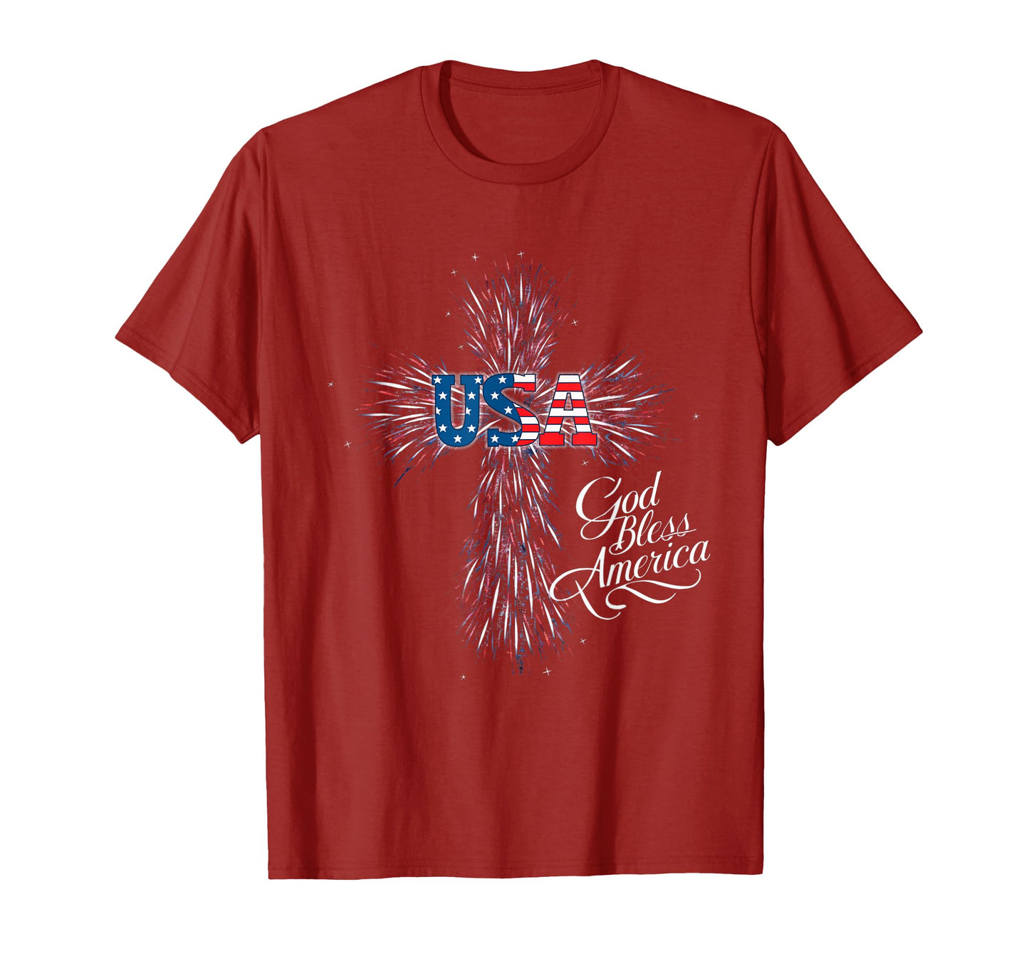 USA God Bless America Patriotic Fireworks Cross Women Men T-Shirt