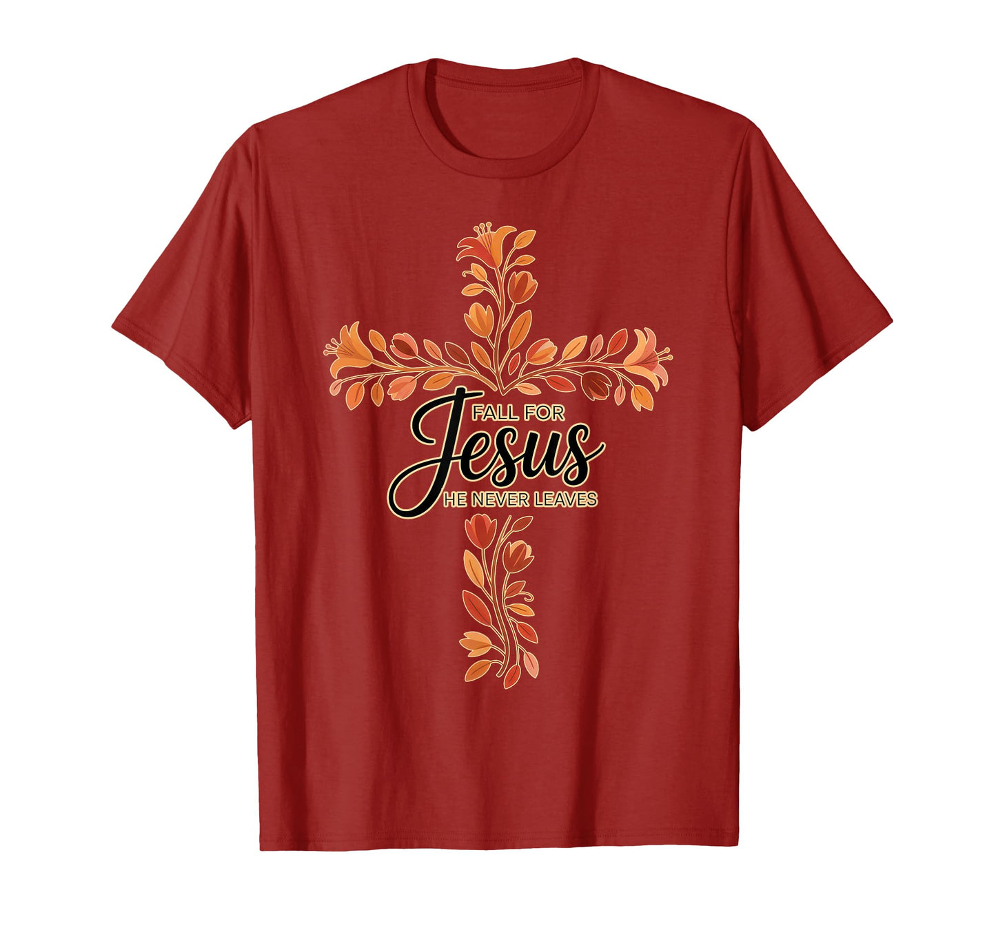 Fall for Jesus Cross with Floral Leaves Christian T-Shirt