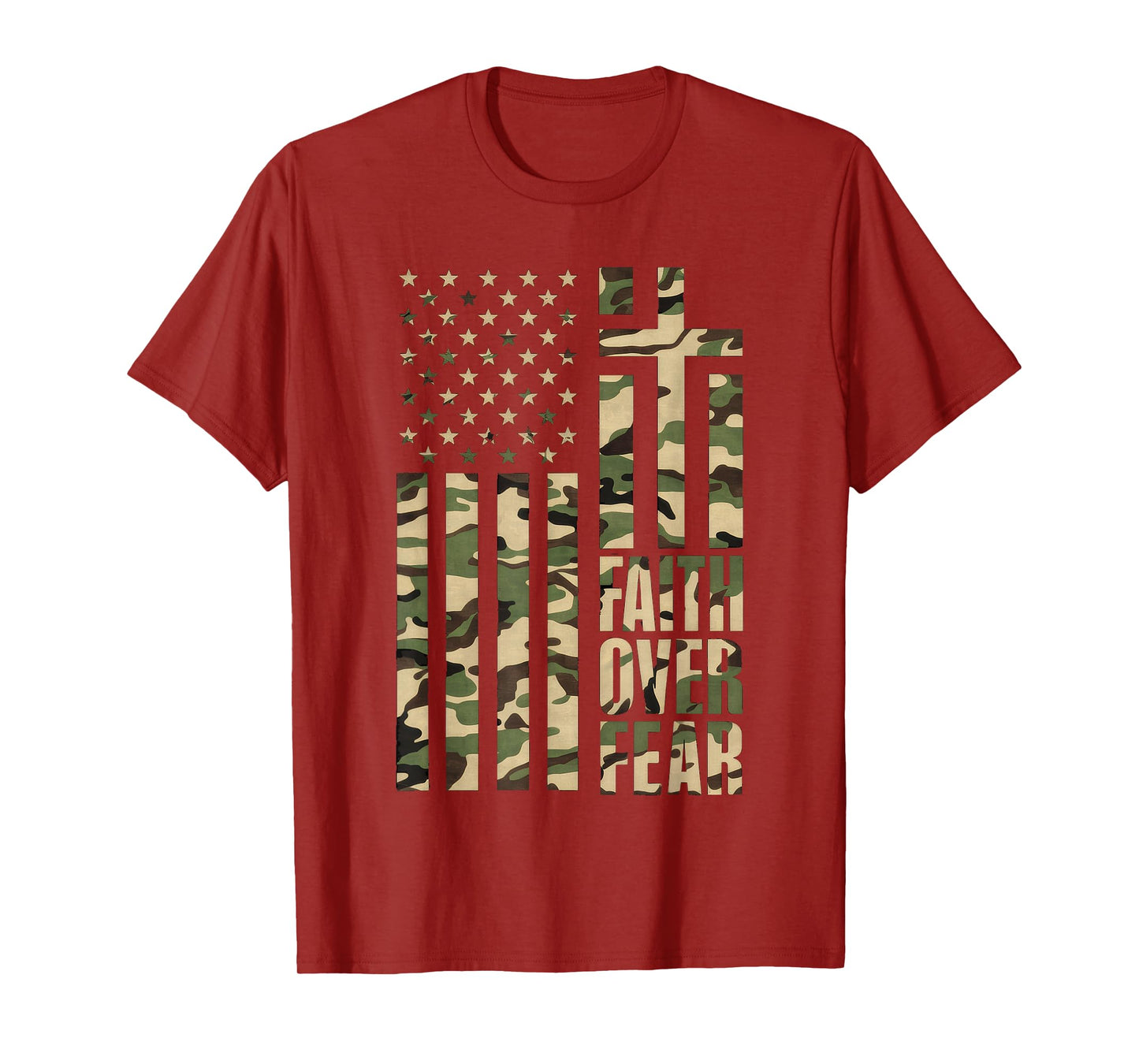 Christian USA Flag Cross Back Print Faith Over Fear Top T-Shirt