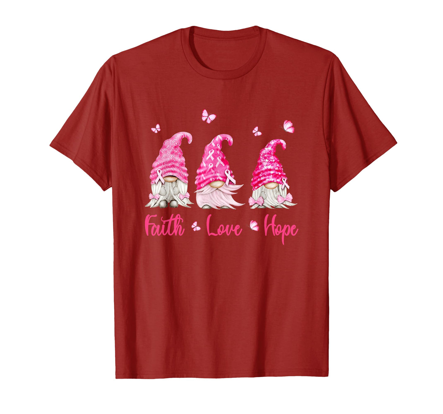 Faith Hope Love Gnome Breast Cancer Awareness Pink Ribbon T-Shirt
