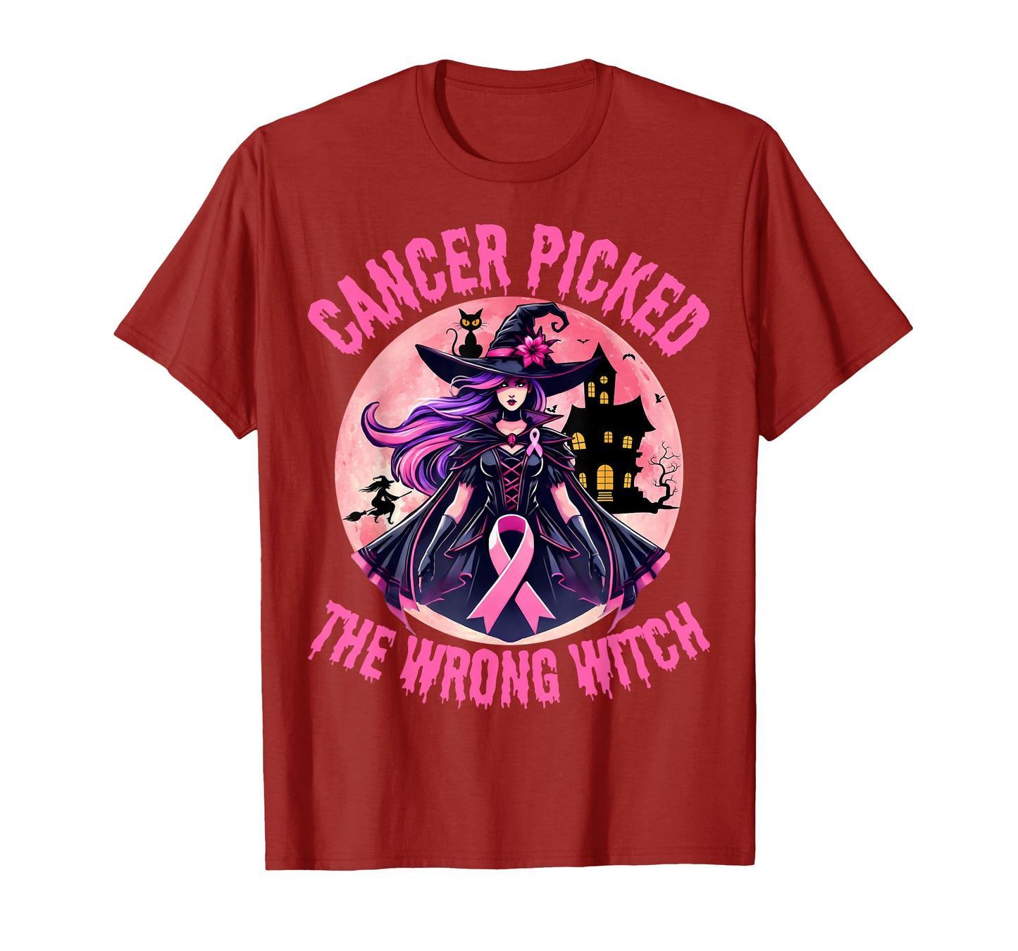 Breast Cancer Picked The Wrong Witch Halloween Melanin Cat T-Shirt