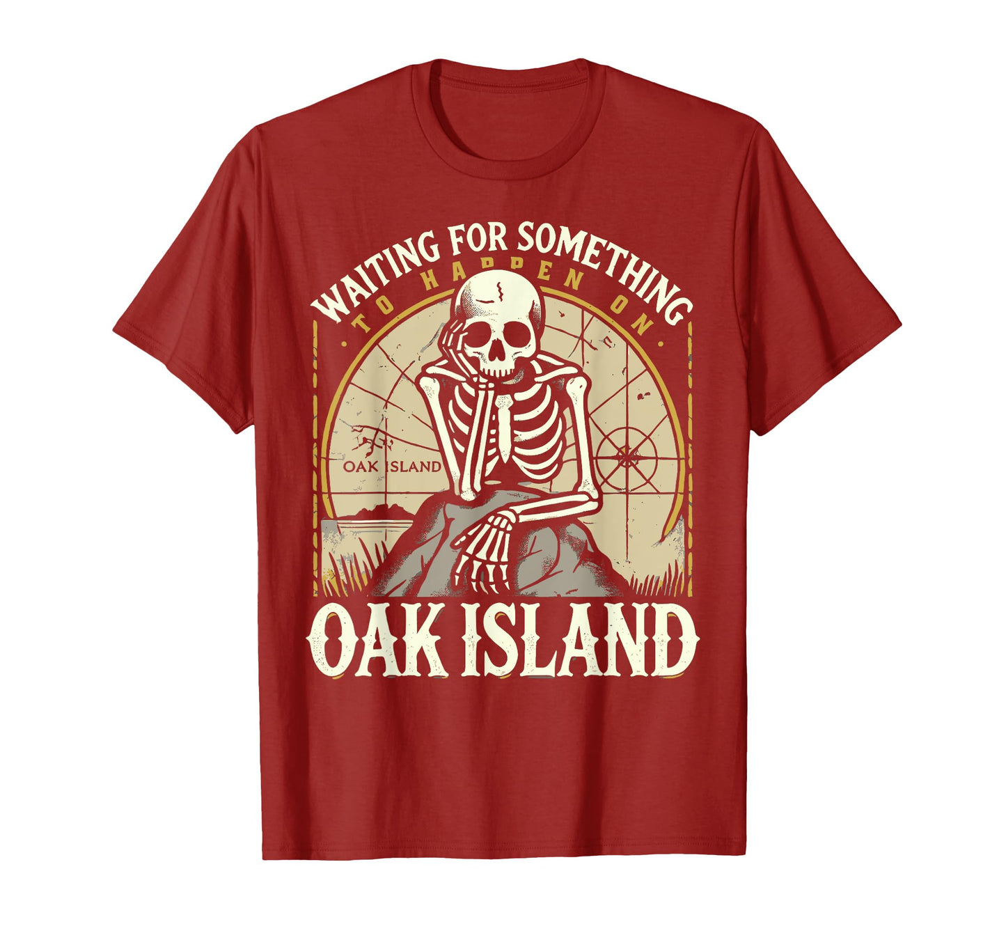 Funny Skeleton Waiting for Something To Happen on Oak Island T-Shirt