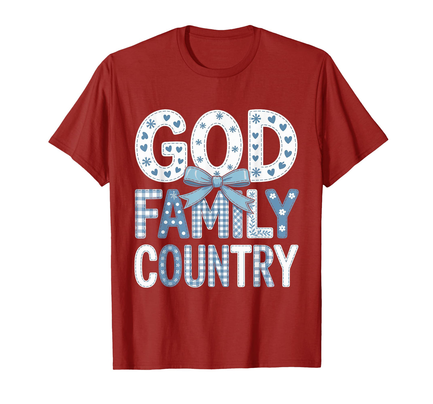 God Family Country - Patriotic Coquette Toile Blue Bow T-Shirt