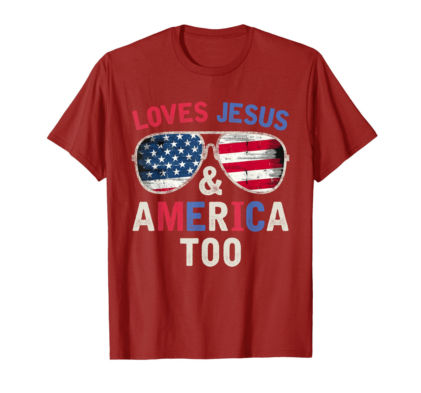 Loves Jesus and America Too Retro God Christian 4th of July T-Shirt