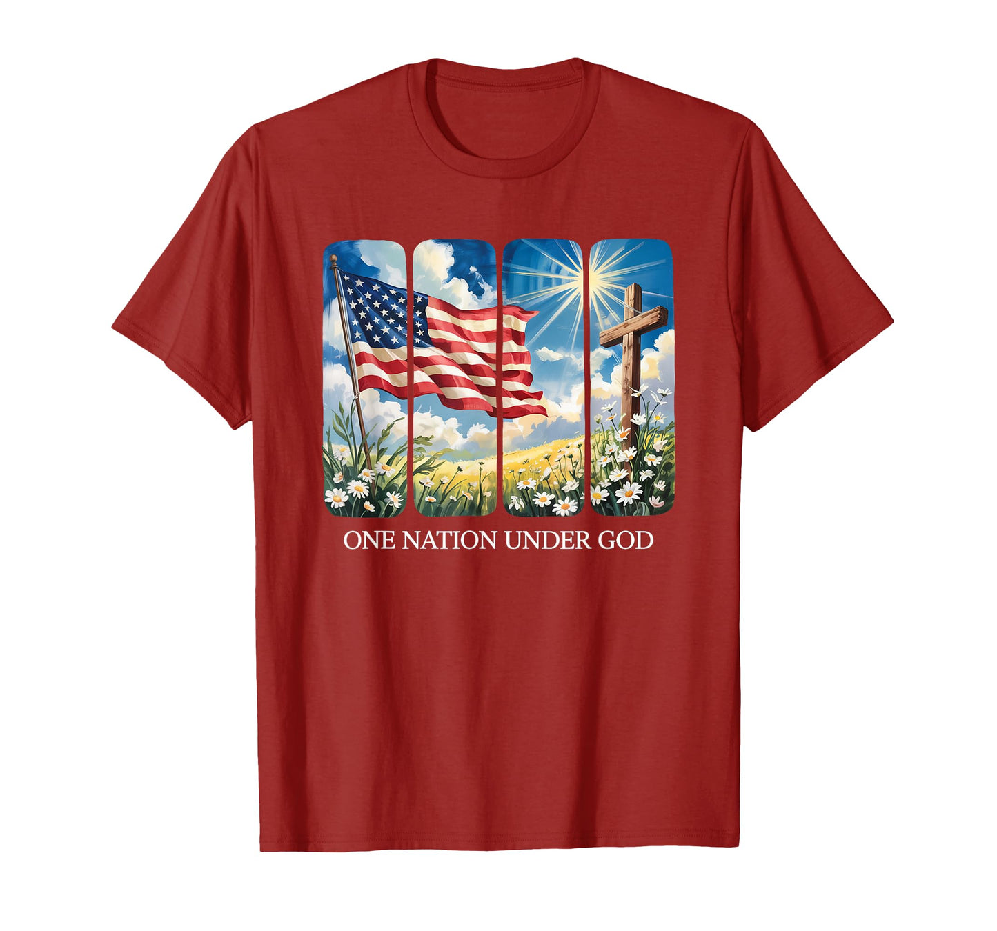 One Nation Under God USA Flag Cross Floral Christian Women T-Shirt