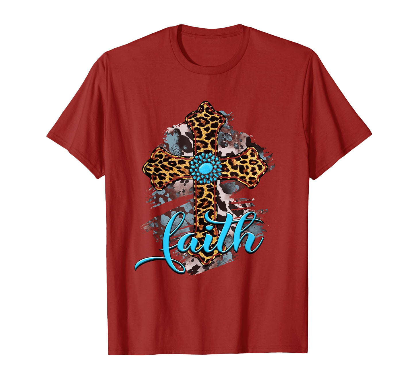 Western Boho Christian Turquoise Leopard Faith Cross Jesus T-Shirt