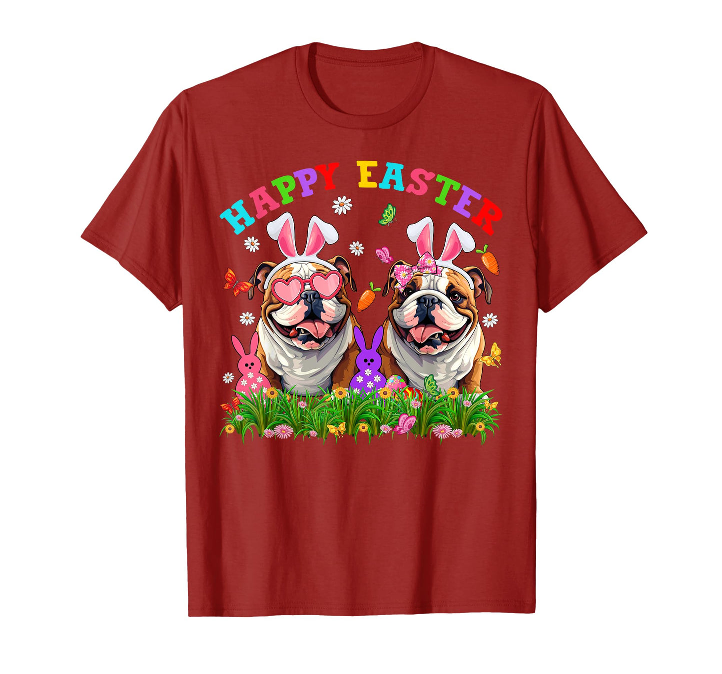 Cute English Bulldog Dog & Bunny Ears Eggs Happy Easter Day T-Shirt for Men Women Girls Kids