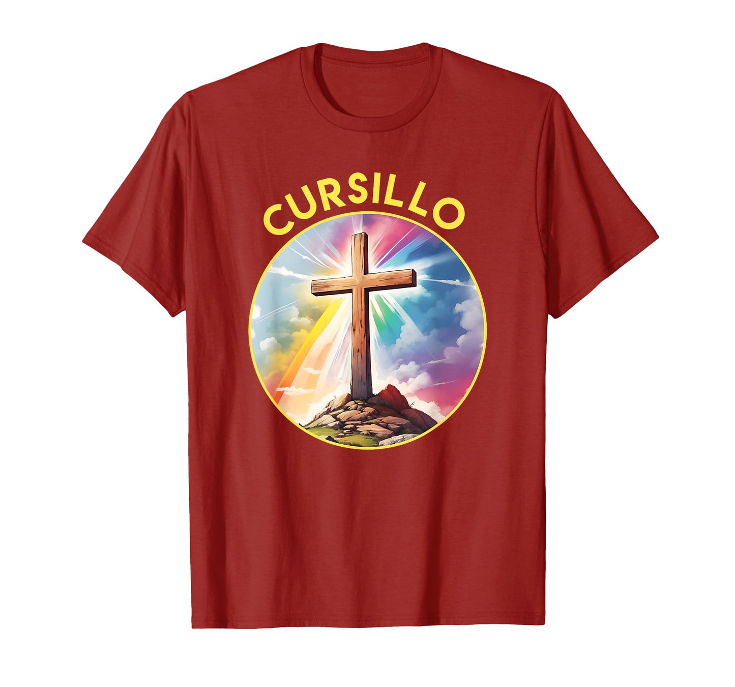 Cursillo Faith Wood Cross With Rainbow and Clouds T-Shirt
