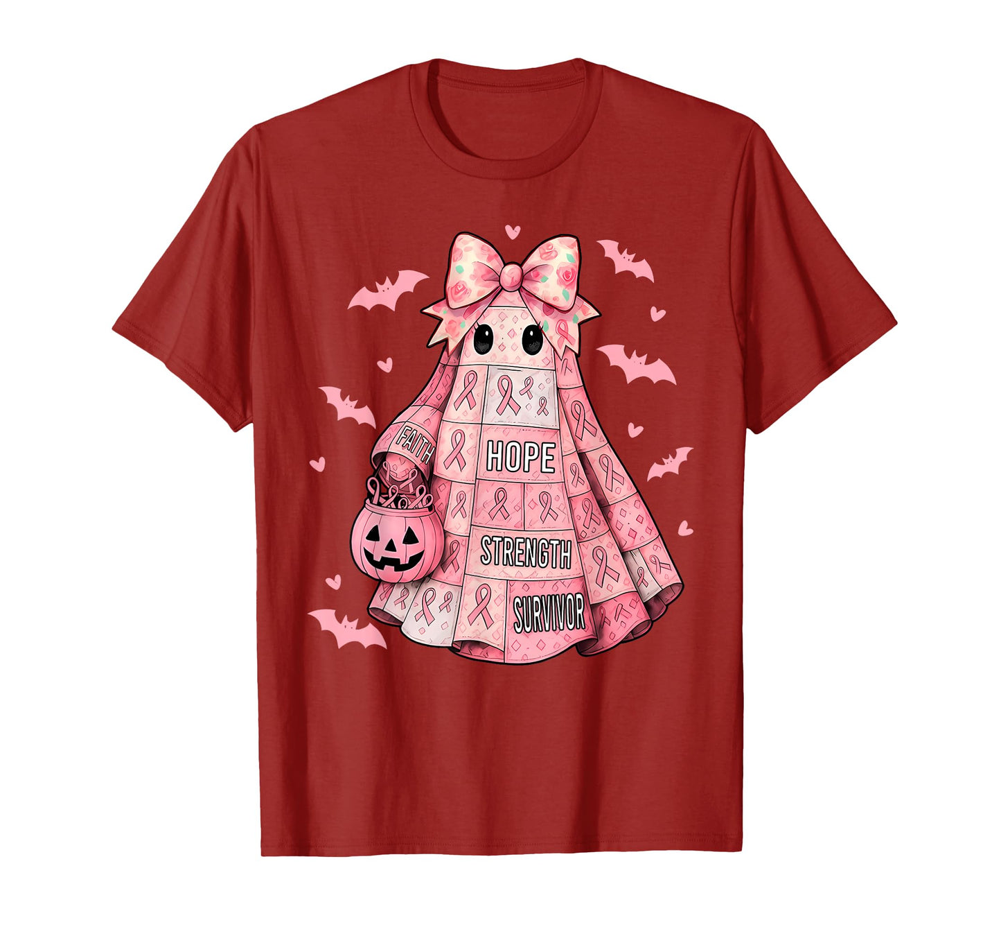 Pink Ribbon Patchwork Ghost Halloween Spooky Breast Cancer T-Shirt