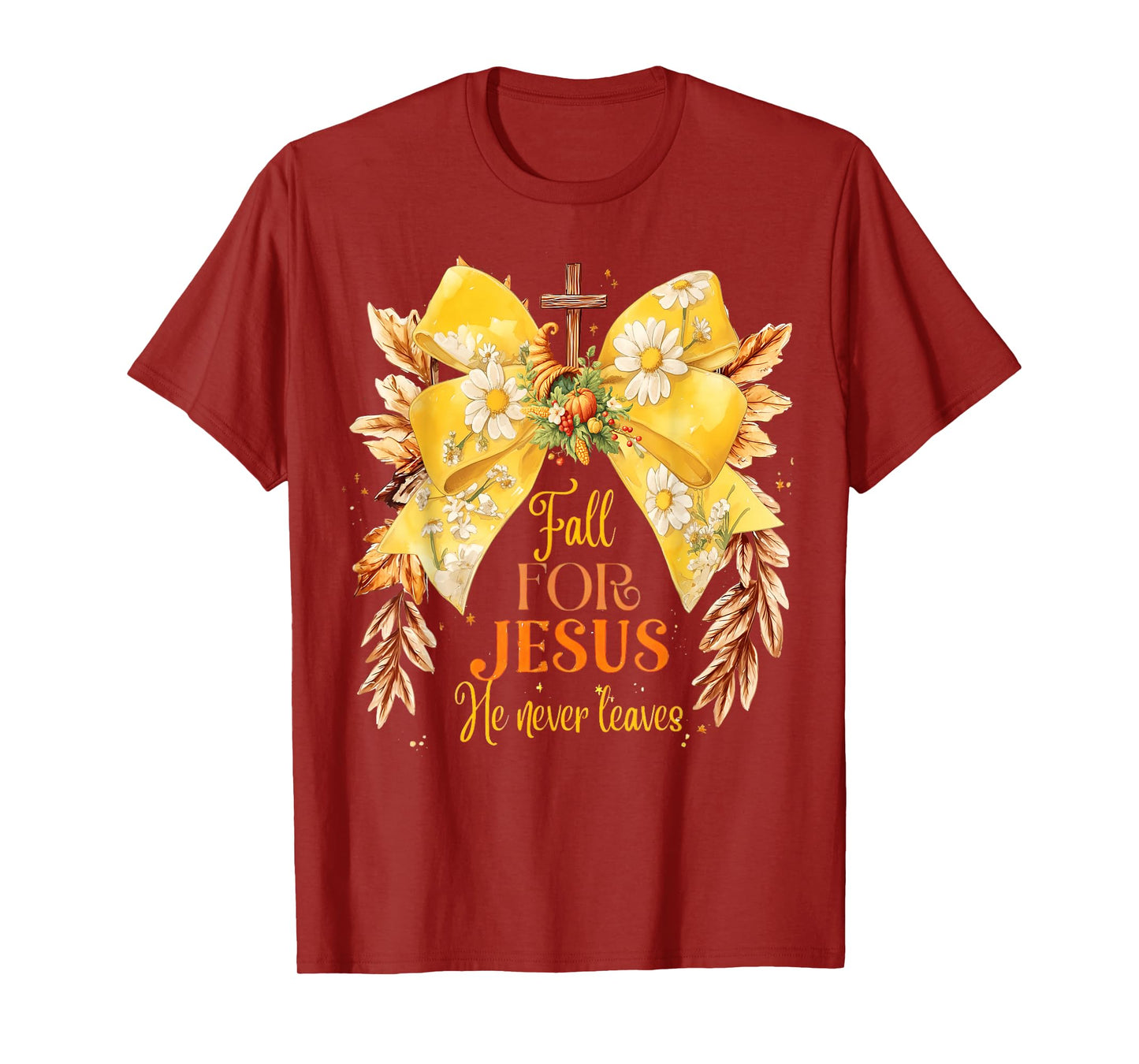 Fall for Jesus He Never Leaves Coquette Bow Pumpkin Autumn T-Shirt