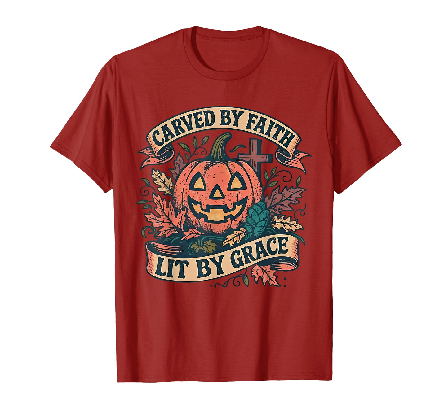 Vintage Carved by Faith Lit by Grace Boho Floral Pumpkin T-Shirt