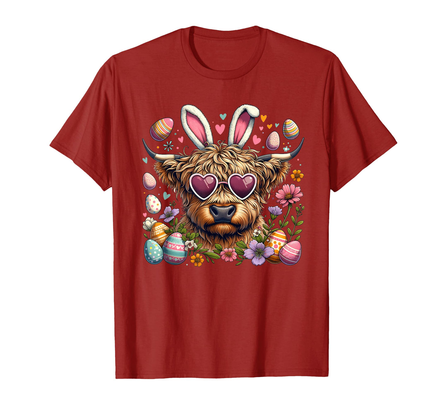 Happy Easter Day Highland Cow Retro Easter Bunny Women Kids T-Shirt