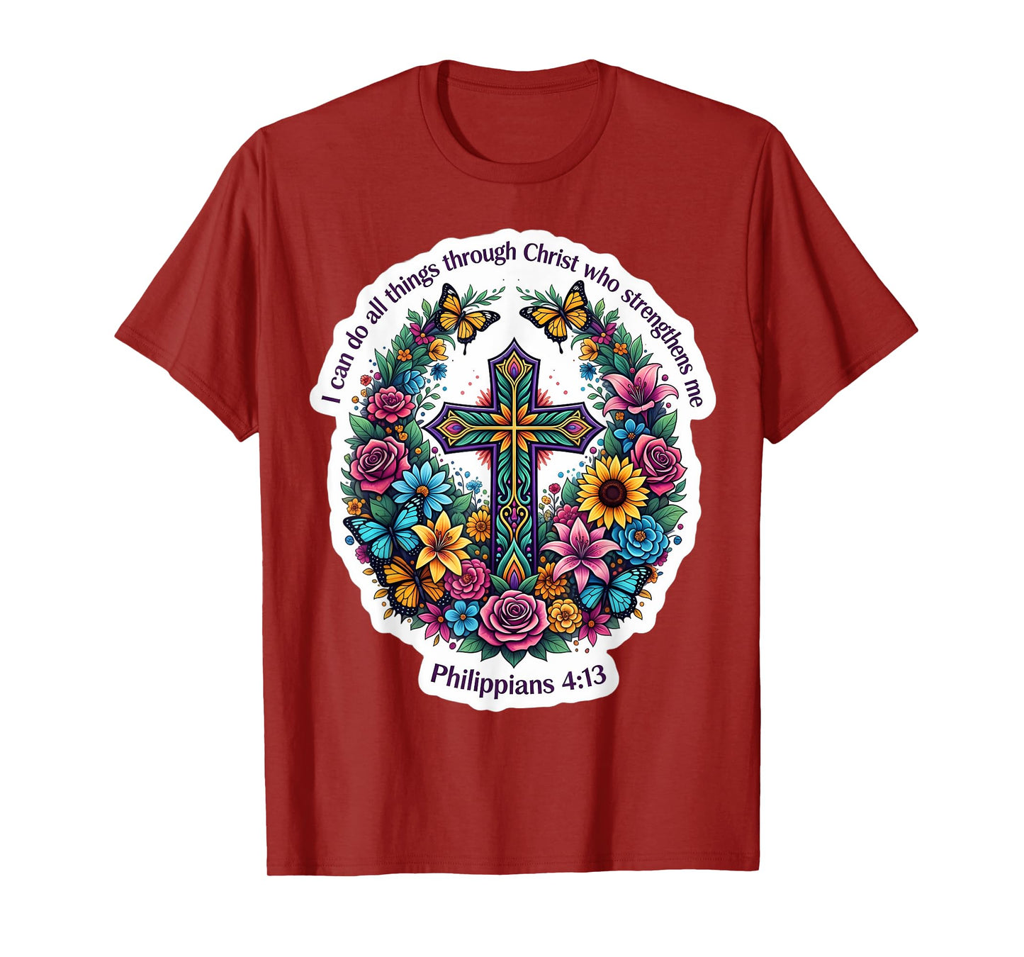 Flaral Bible Quote Verse Philippians 4:13 Christian Cross T-Shirt