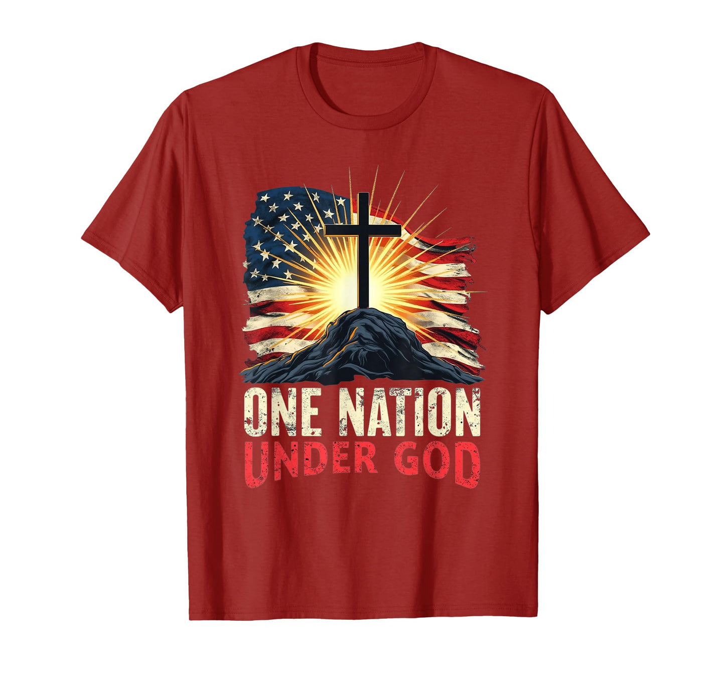 American Flag Cross Sunrise Patriotic Christian Faith Retro T-Shirt