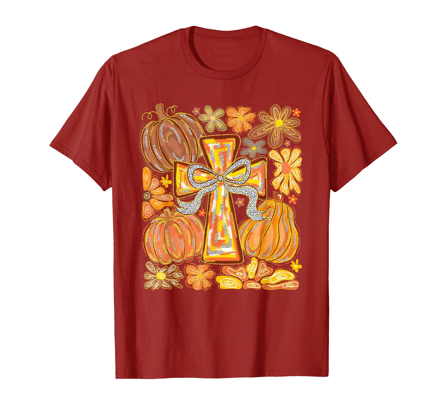 Fall Cross Pumpkins & Flowers Christian Autumn Faith Women T-Shirt