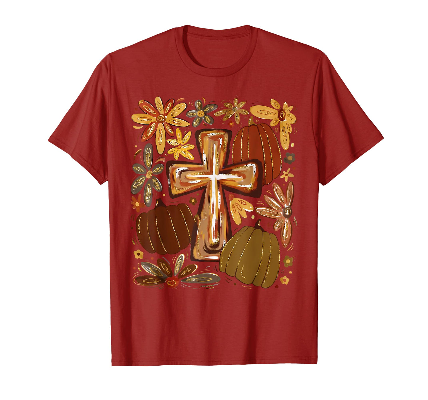Boho Floral Pumpkin Cross Fall Jesus Christian Faith Autumn T-Shirt