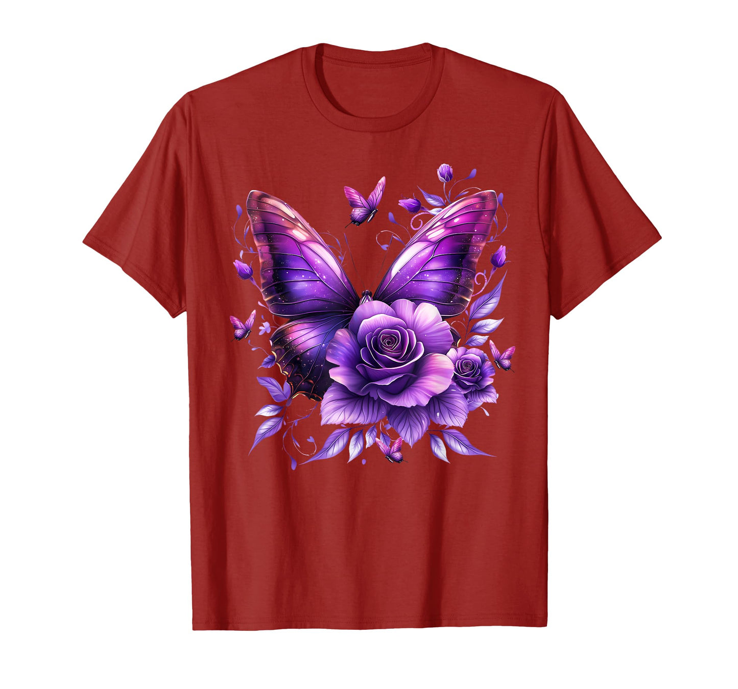 Floral Beautiful Purple Butterfly Lover Rose Flower Women T-Shirt