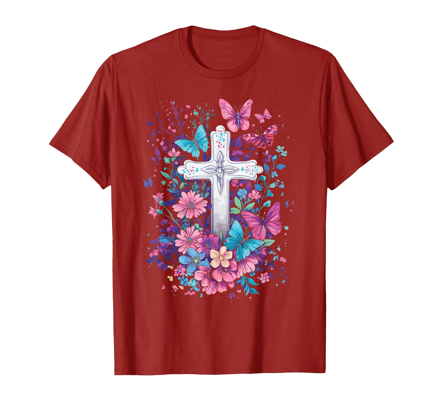 Christian Cross With Floral Butterflies for Easter T-Shirt
