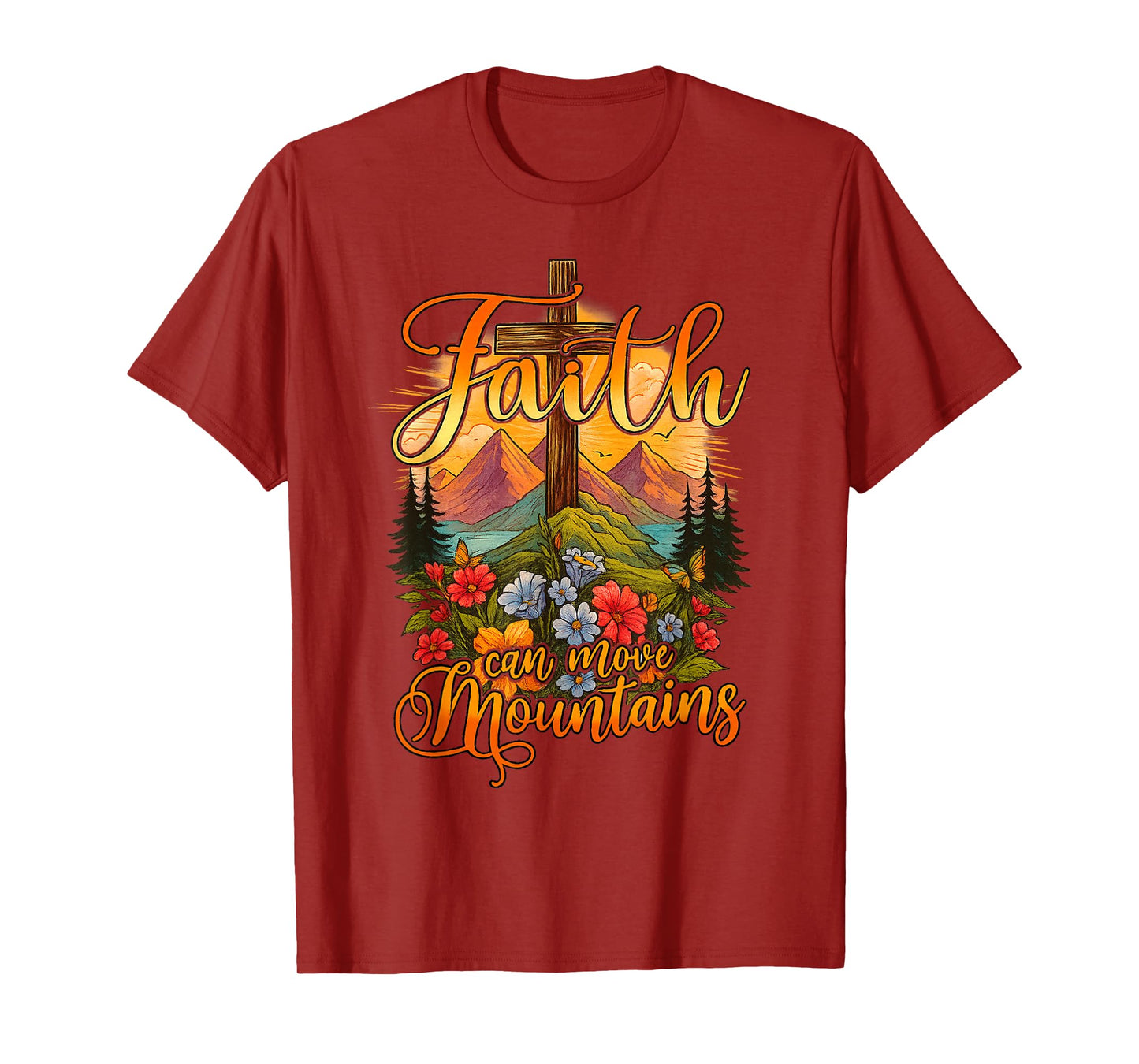 Faith Can Move Mountains Cross Flower Butterfly Pine T-Shirt