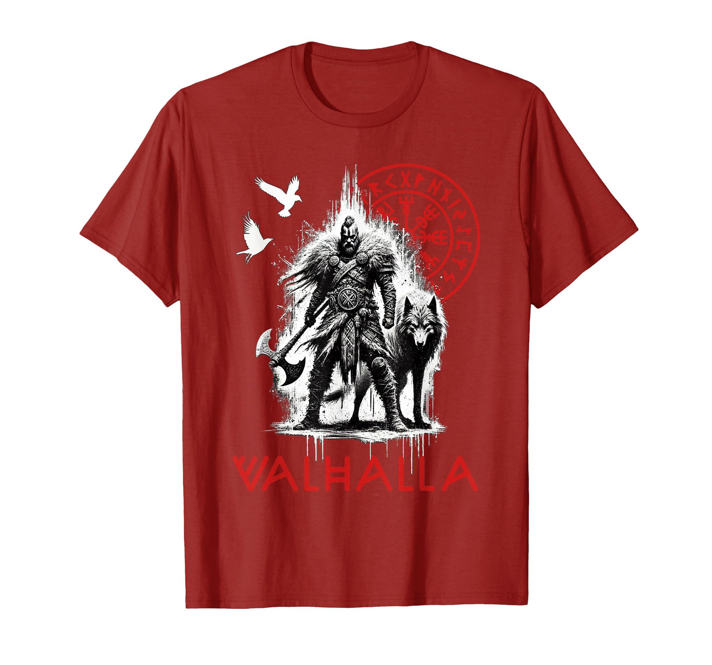 Valhalla Odin Wolf and Raven Viking Runes Norse Compass T-Shirt