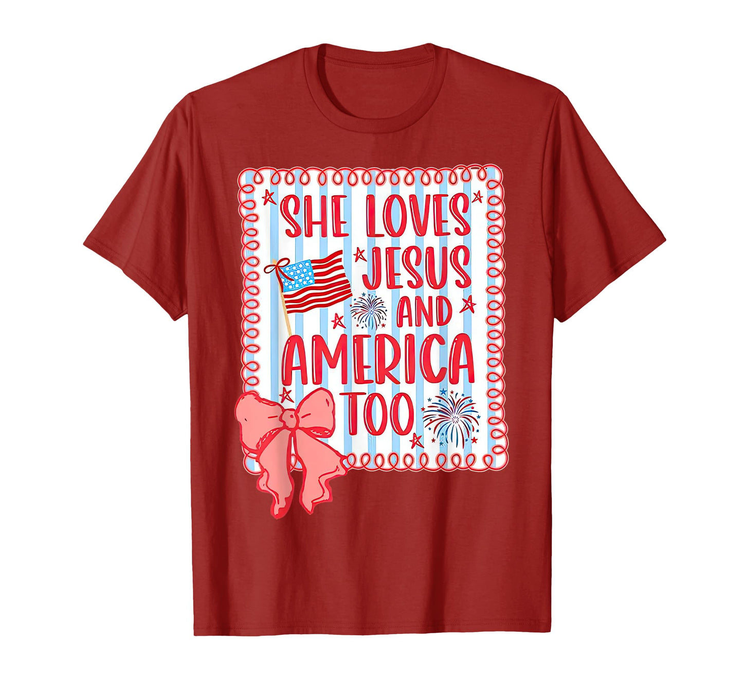 She loves Jesus and America too faith flag fireworks bow T-Shirt