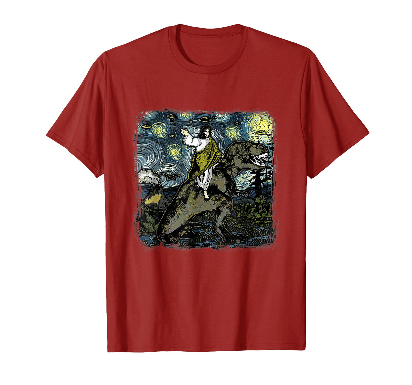 Jesus Riding Dinosaur Starry Night Funny Men Women UFOs T-Shirt