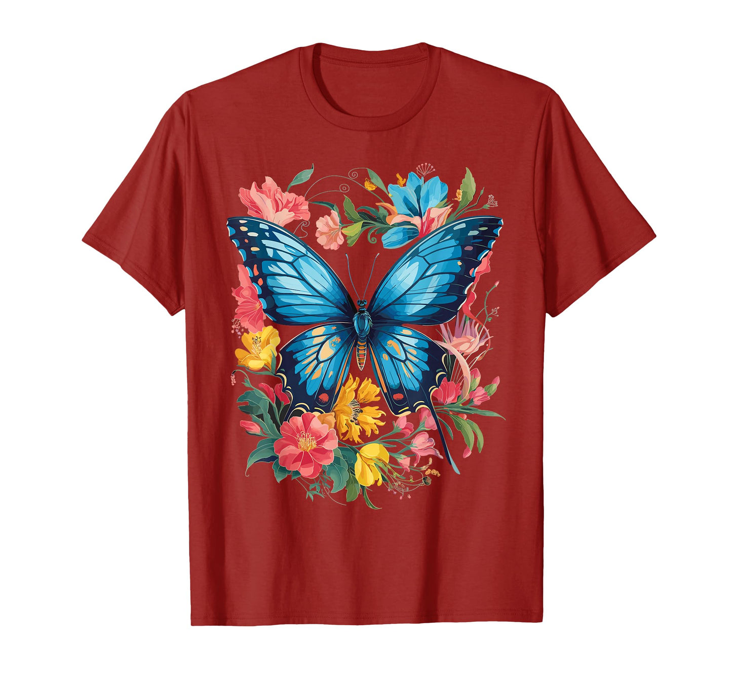 Blue Butterfly and Floral Nature Aesthetic Artwork Butterfly T-Shirt