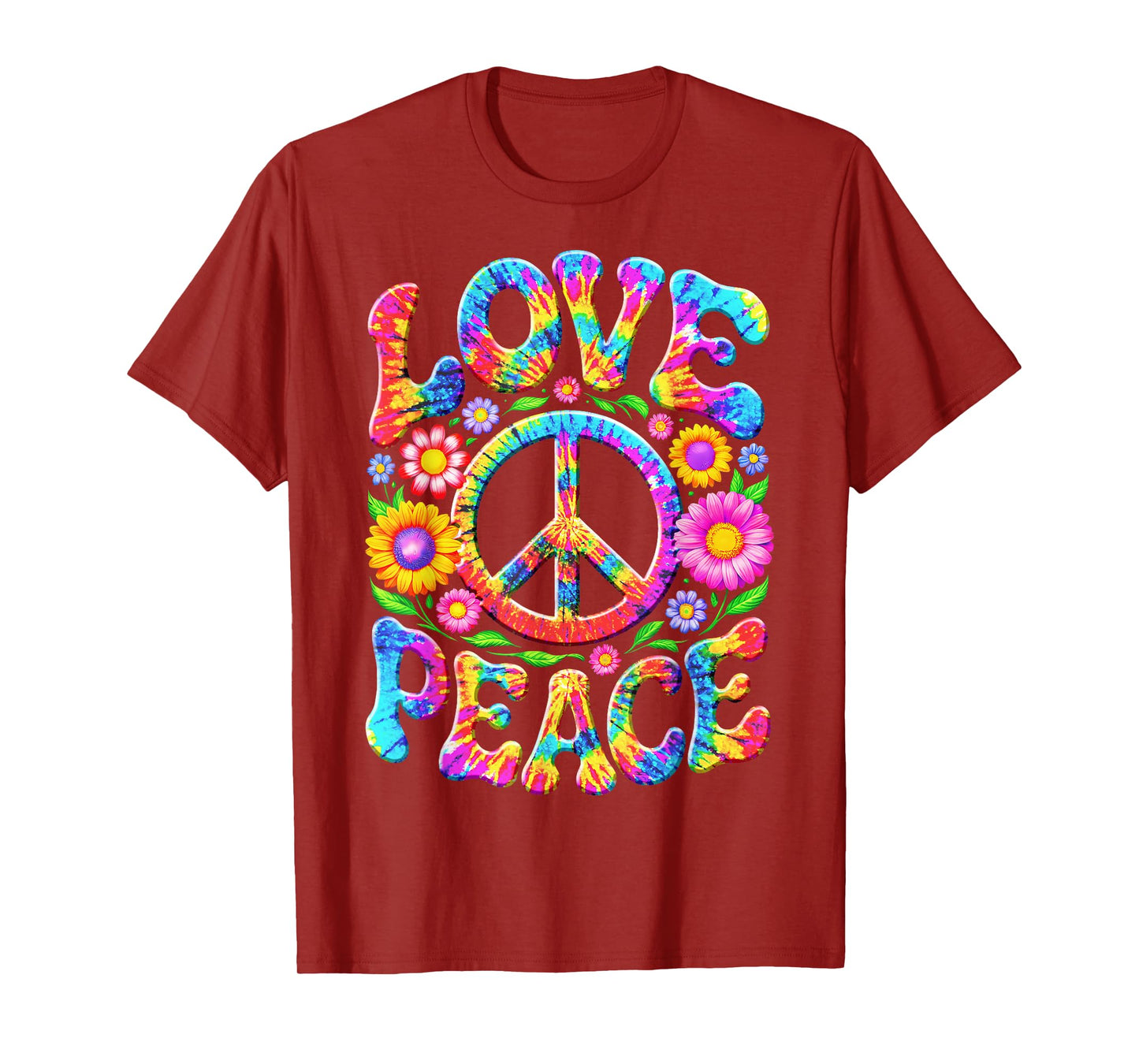 Colorful Flowers Love Peace Sign 60s 70s Tie Dye Floral T-Shirt