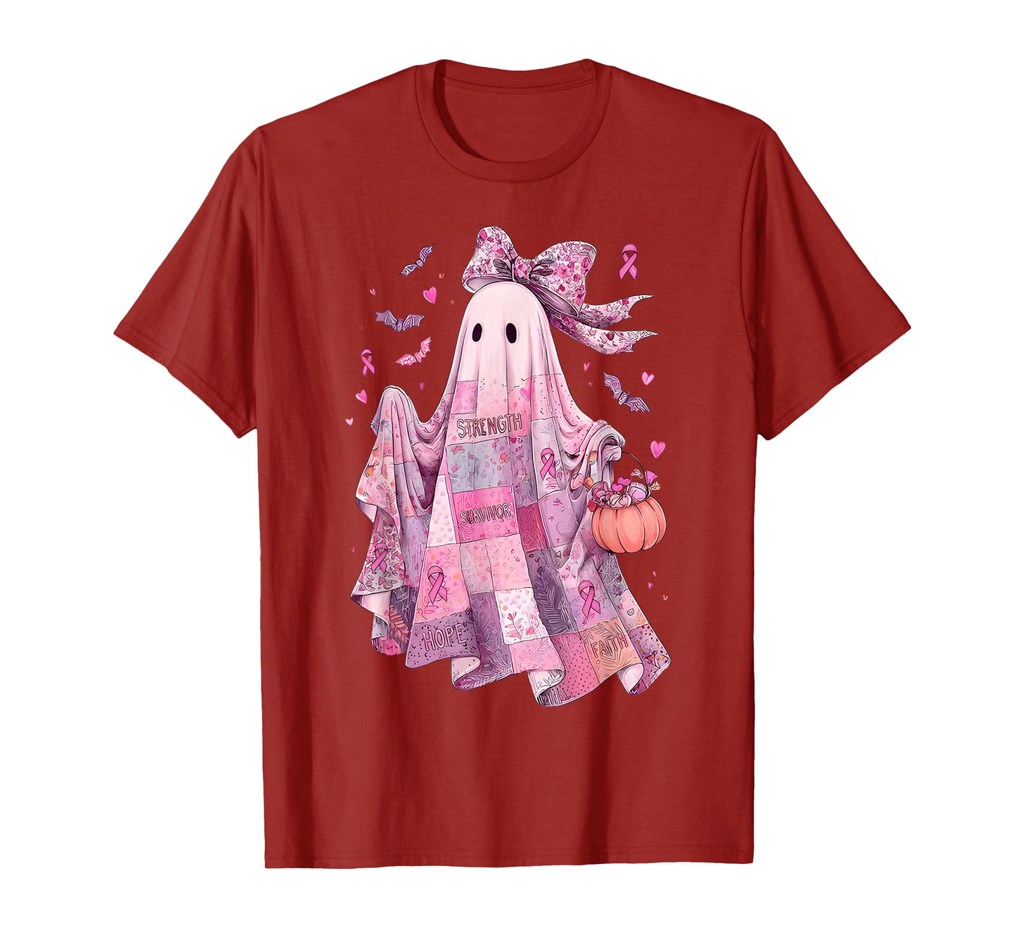 Breast Cancer Awareness Ghost, Pink Ribbon Patchwork Ghost T-Shirt