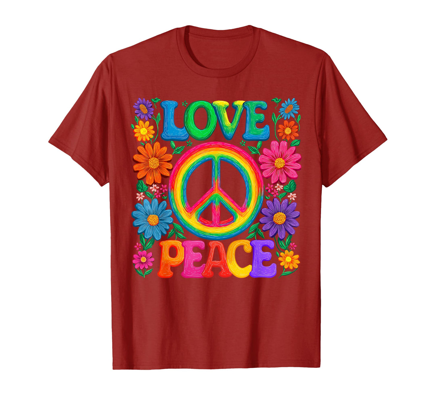 Floral Peace Love Sign Flowers 60s 70s Hippie Costume Party T-Shirt