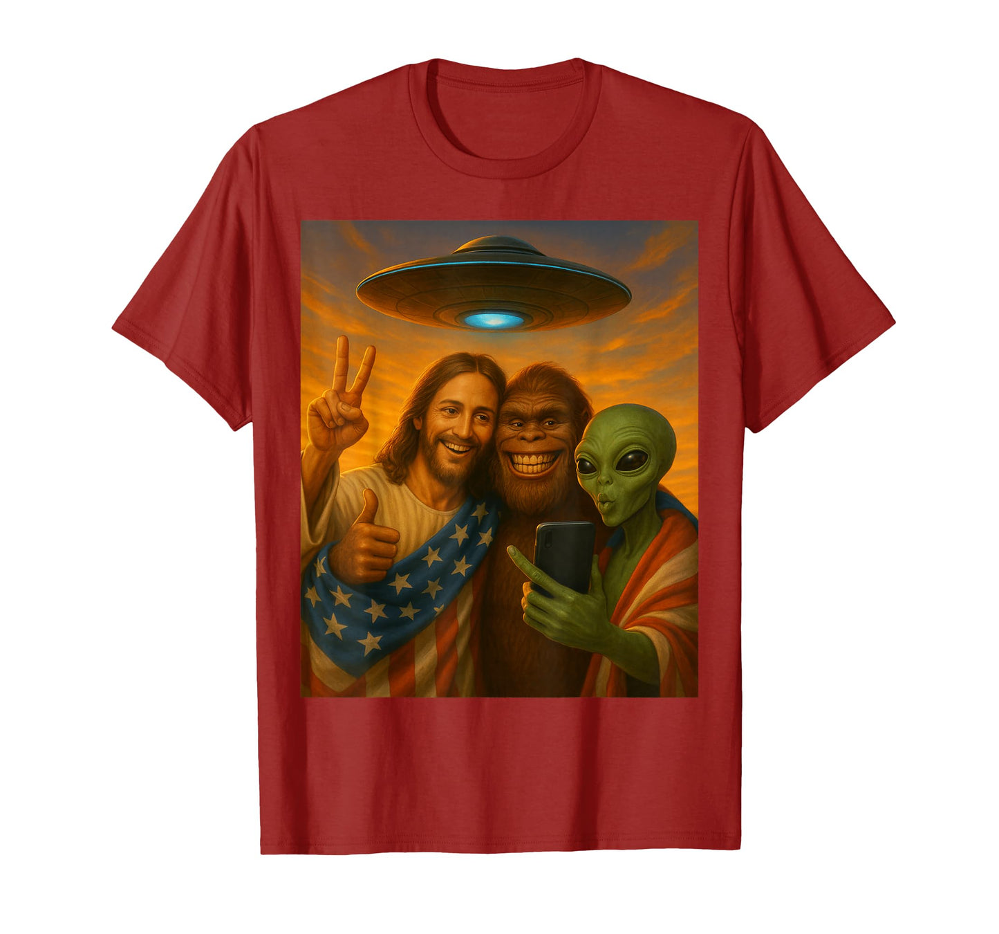 Jesus Selfie with Alien Bigfoot Funny Patriotic US Christian T-Shirt