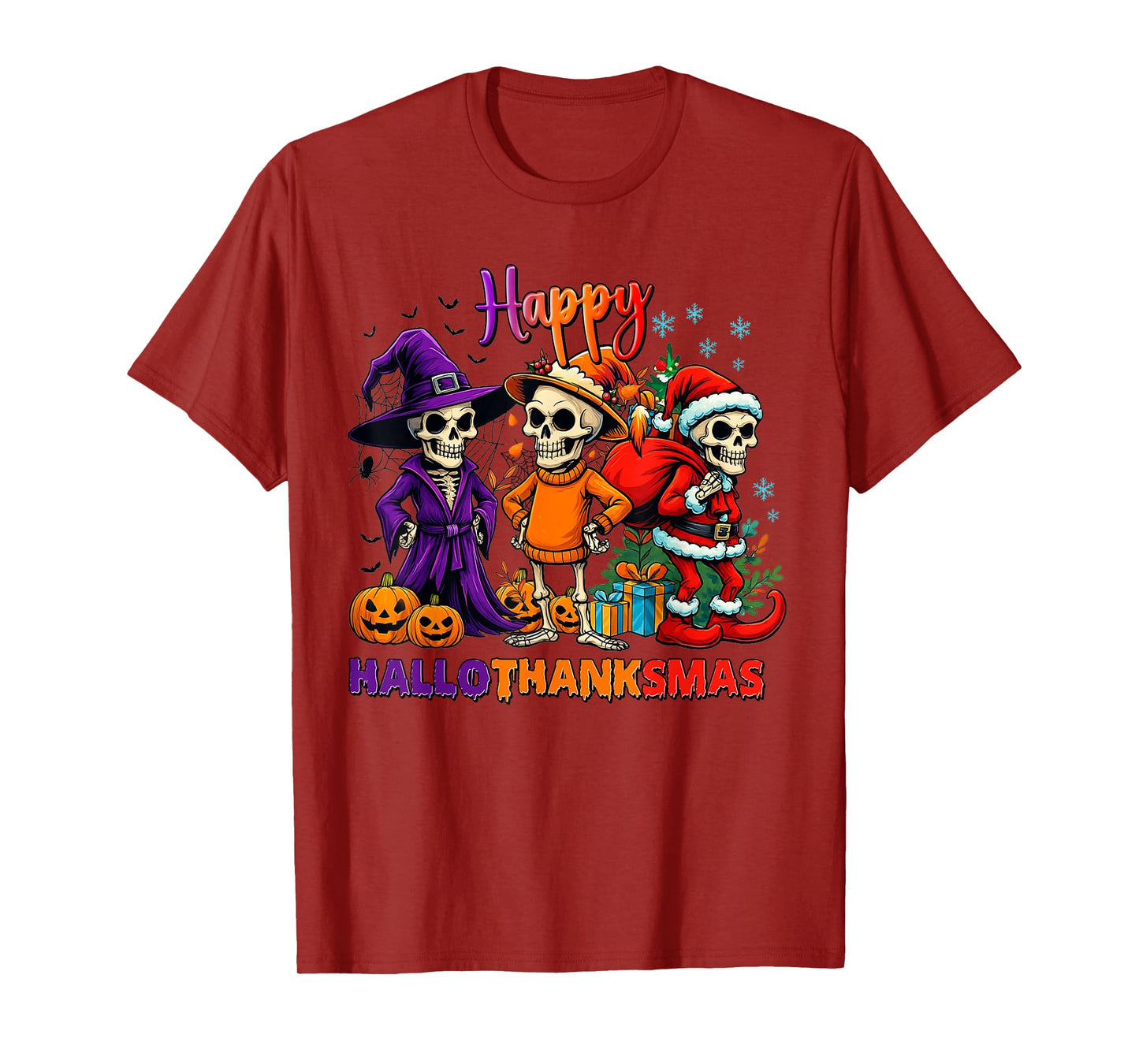 Funny Happy Hallothanksmas Skeleton For Men Women Kids T-Shirt