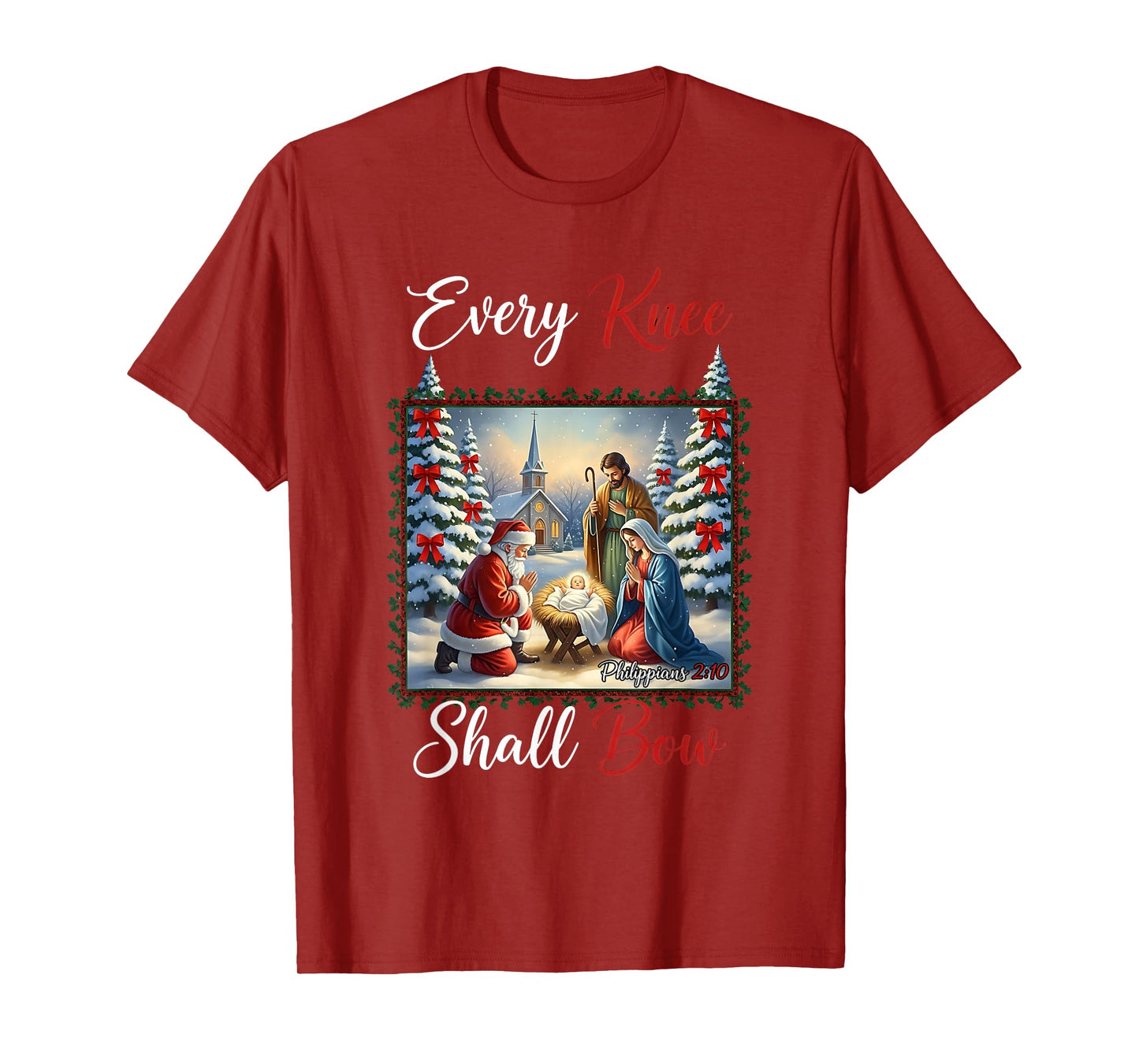 Every Knee Shall Bow Santa Christmas Nativity Scene Xmas T-Shirt