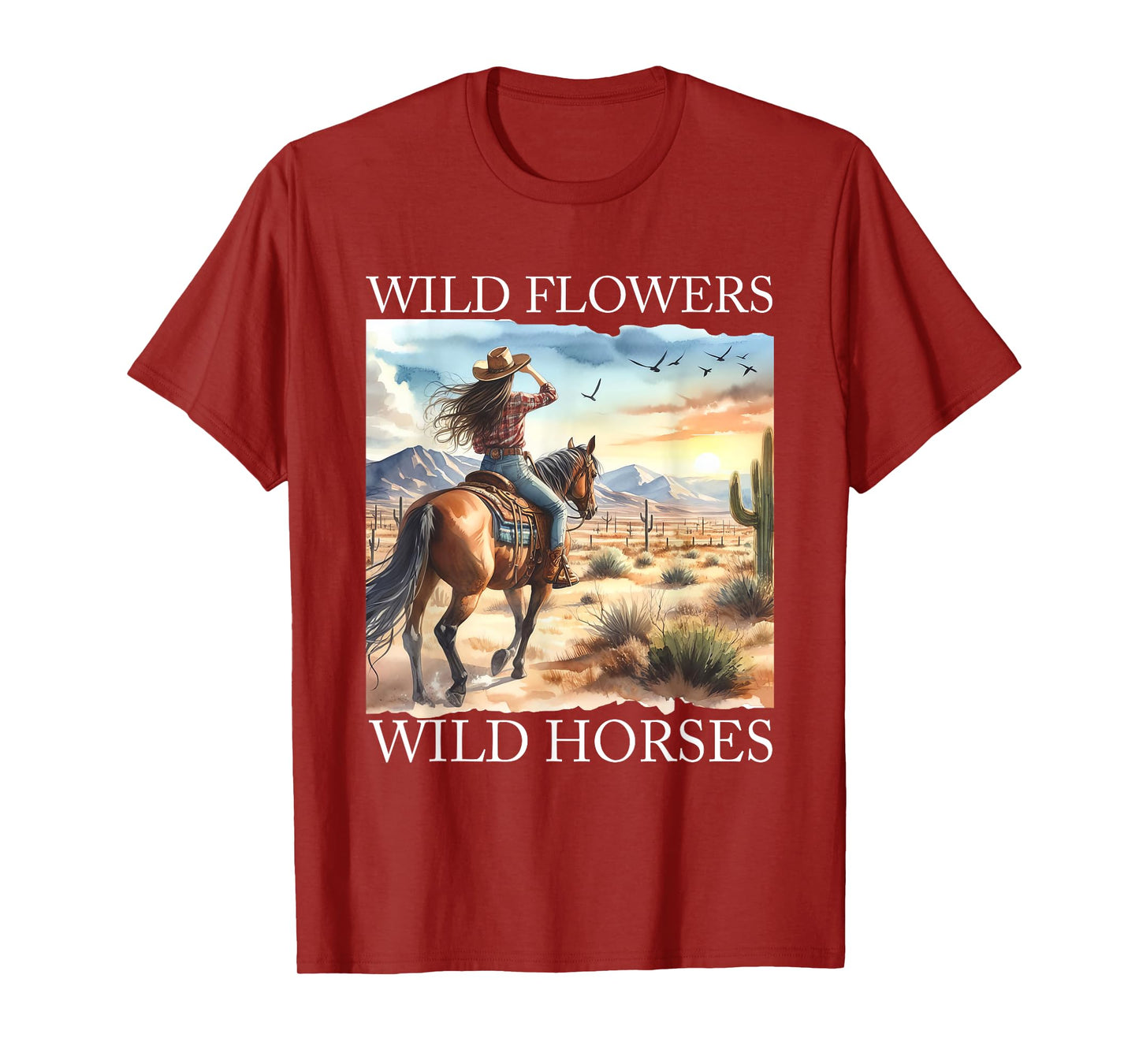 Sunset Cowgirl Riding Horse Wild Flowers - Wild Horses T-Shirt