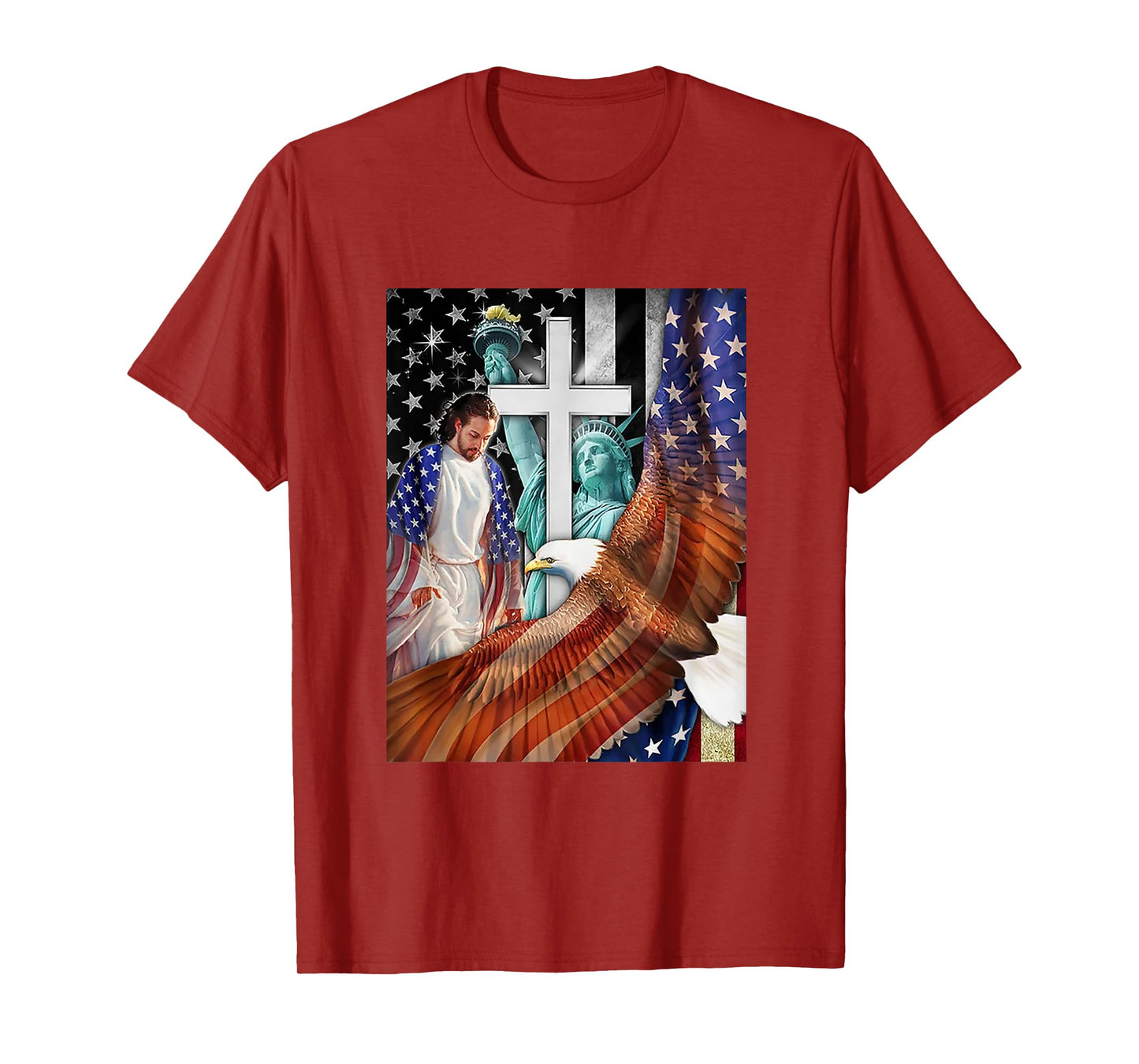Bald Eagle with Jesus Christ and American Flag Women Kids Men T-Shirt