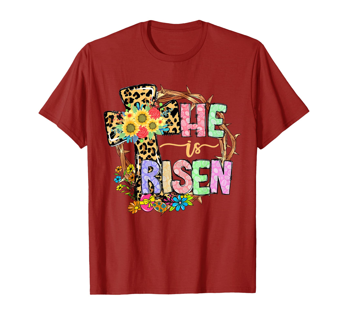 He Is Risen Floral Jesus Easter Day Christians Leopard Cross T-Shirt
