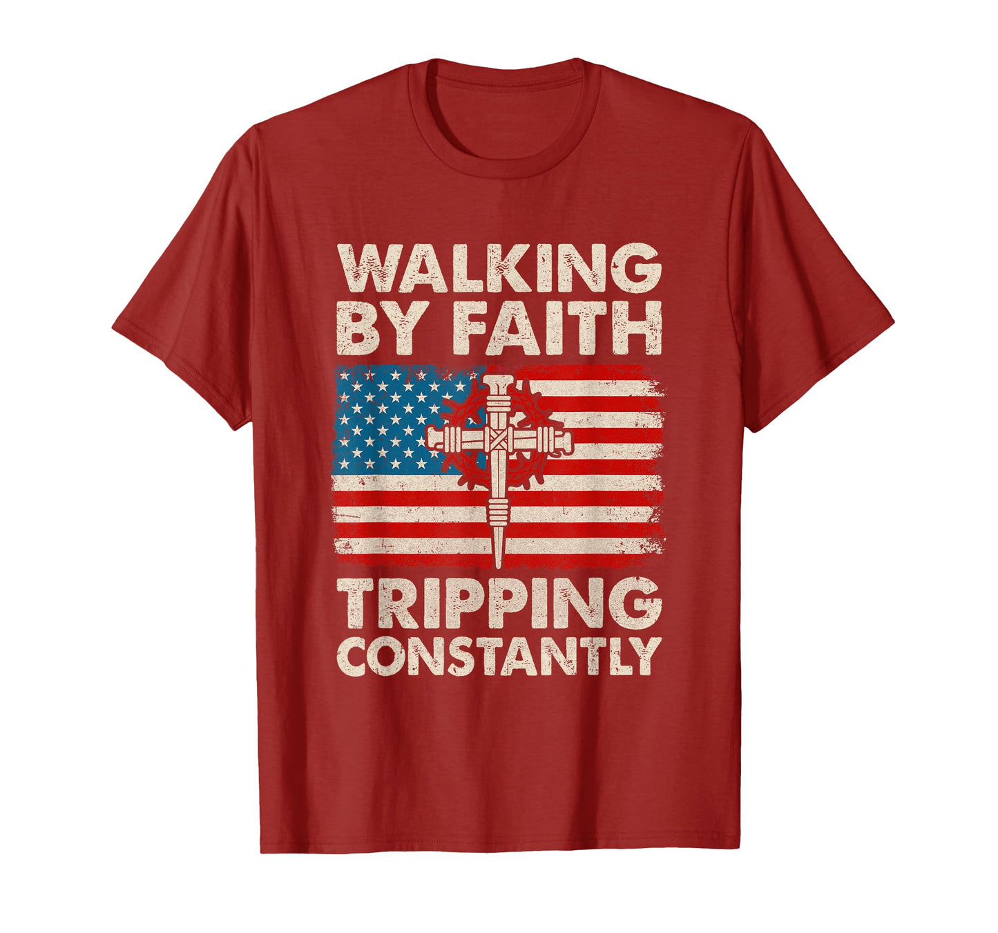 Walking By Faith Tripping Constantly Christian Bible Us Flag T-Shirt