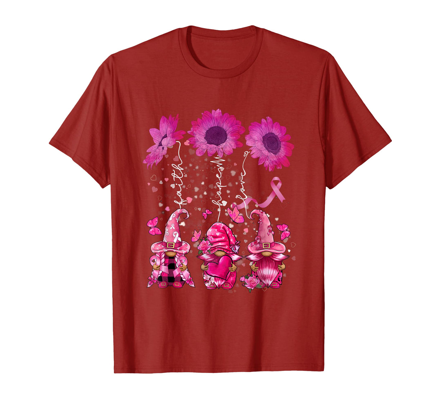 Faith Hope Love Gnome Ribbon Breast Cancer Awareness Flower T-Shirt