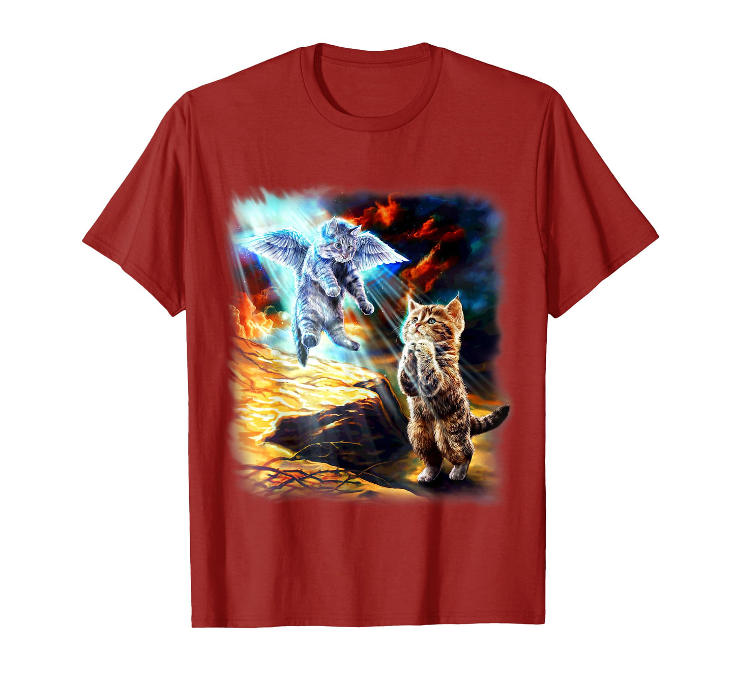 Angel Cat and Praying Companion in Fiery Sky Men Women Kids T-Shirt