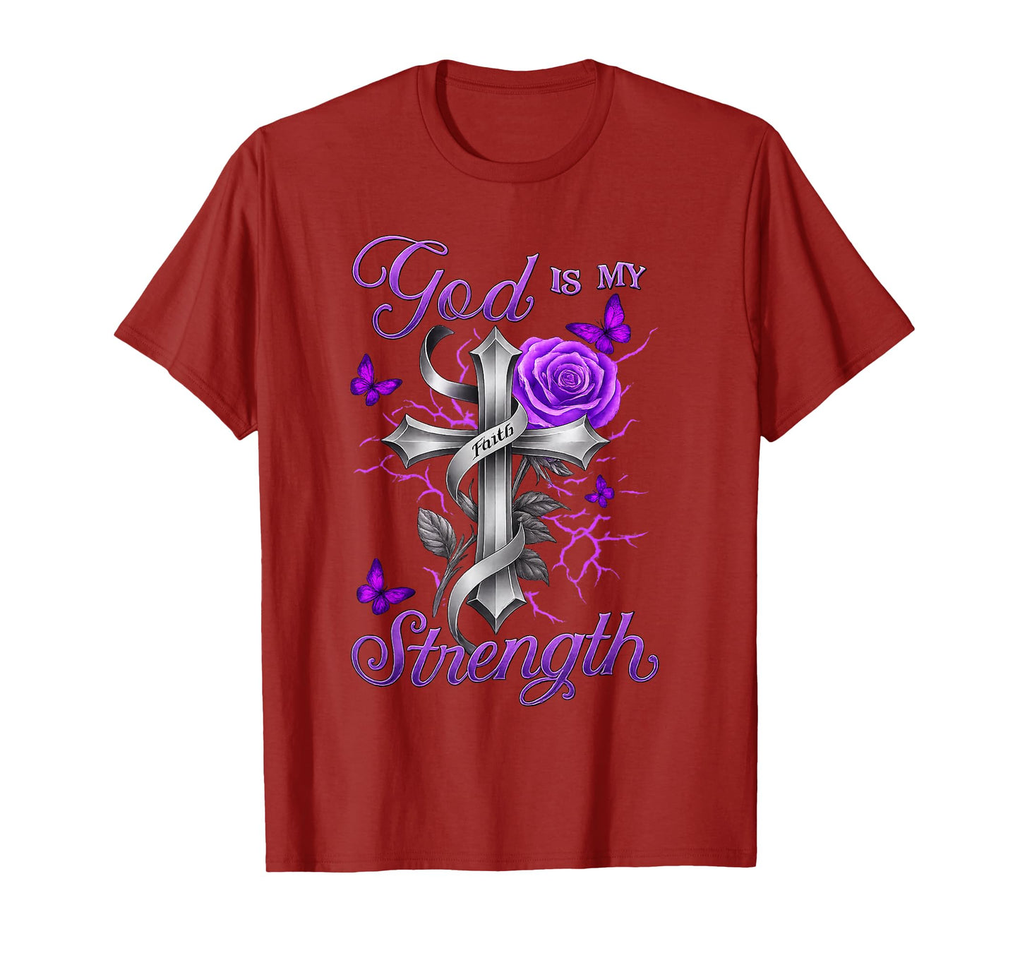 God is My Strength Purple Rose Cross Faith Apparel T-Shirt