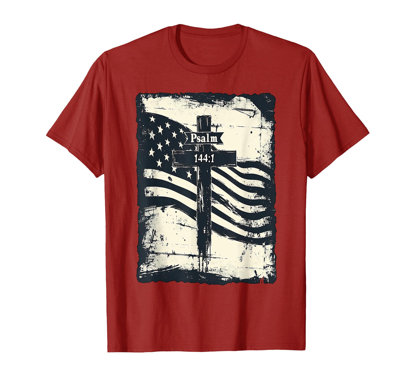 Psalm 144:1 Vintage US Flag Christian Cross Bible Verse T-Shirt