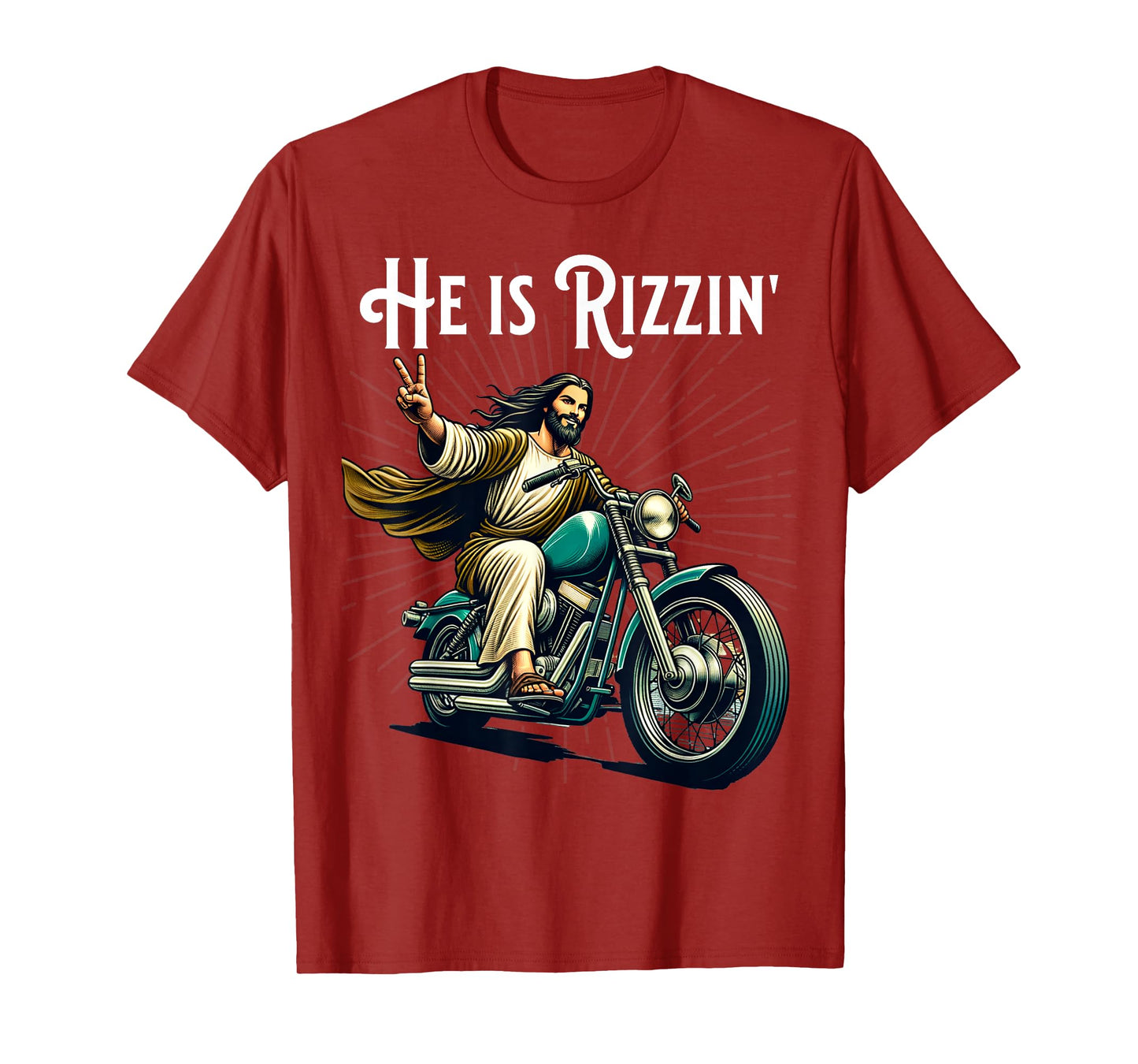 Rizzen Funny Rizz He is Rizzin Jesus Riding Motorcycle T-Shirt