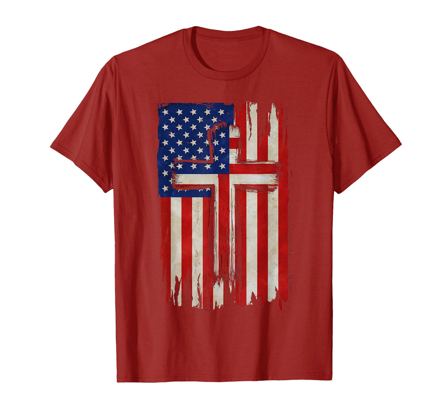 Distressed American Flag with Christian Cross USA Patriotic T-Shirt