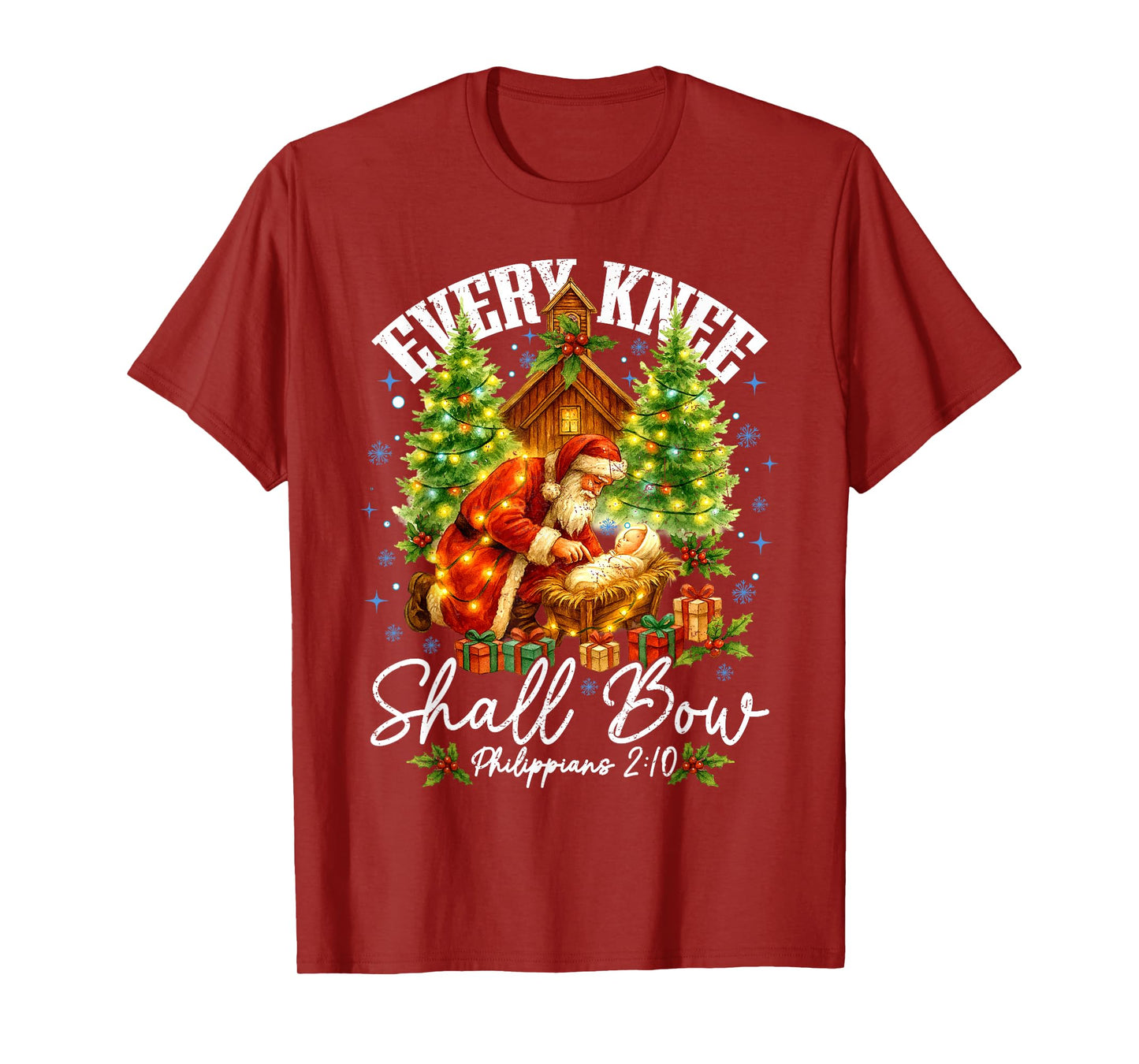 Every Knee Shall Bow Santa Christmas Nativity Scene Xmas T-Shirt