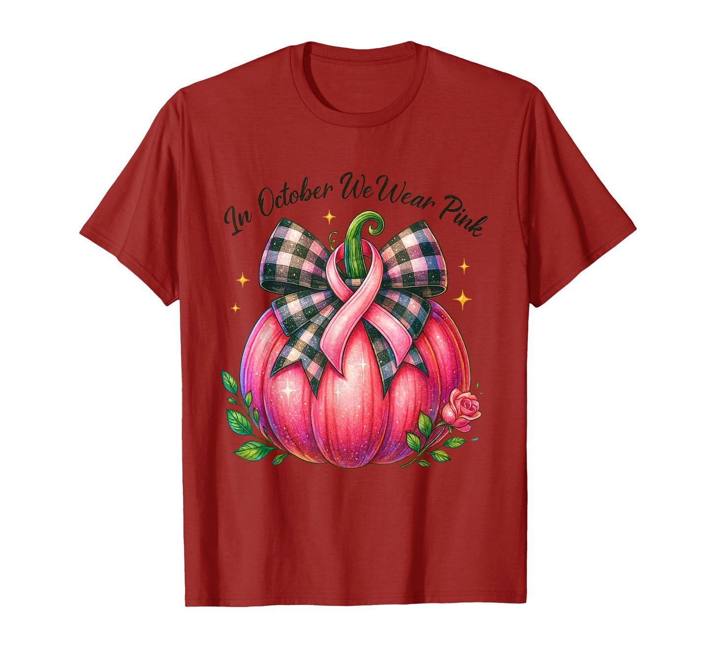 Bow Tie Pumpkin in October We Wear Pink Ribbon Breast Cancer T-Shirt
