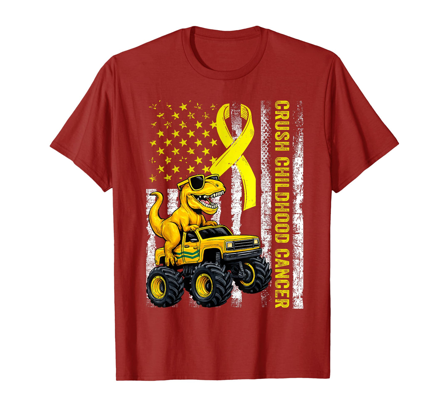 Crush Childhood Cancer 2025 Retro Truck Dinosaur Flag Ribbon T-Shirt