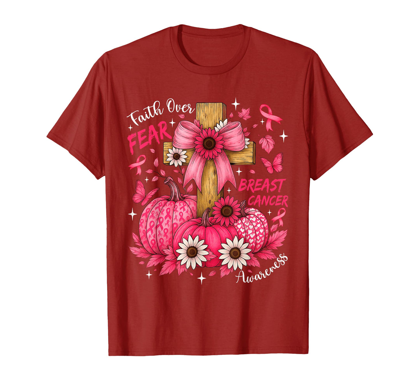 Faith Over Fear Pink Ribbon Pumpkin Breast Cancer Christian T-Shirt