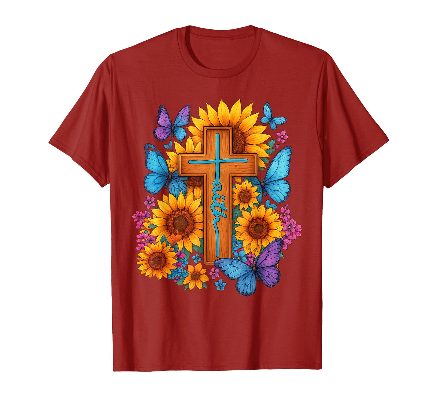 Sunflower Butterfly Cross Faith Christian T-Shirt