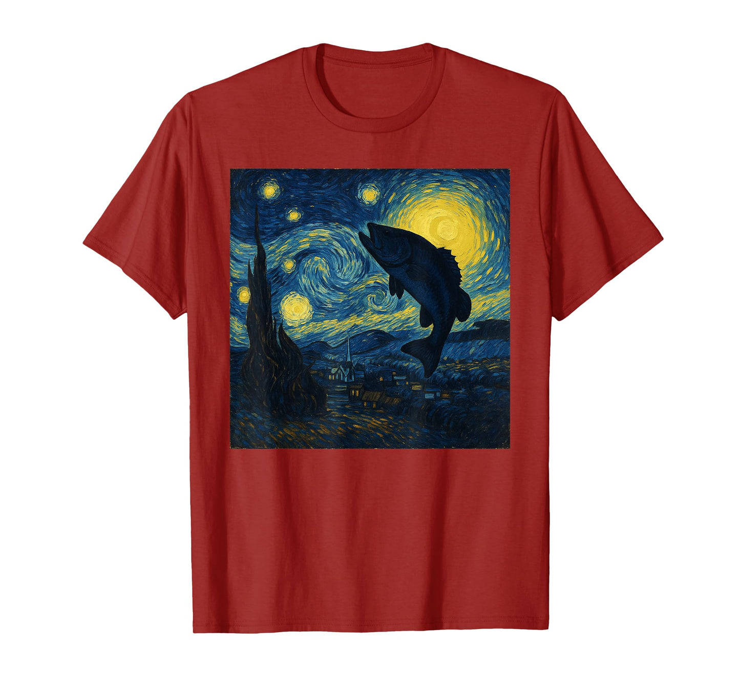 Starry Night Van Gogh Bass Fish Fisherman Funny Graphic T-Shirt